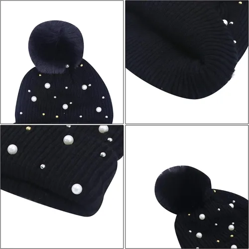 Vista 5 de Gorro de invierno holgado para mujer con bola de piel, gorro de perlas con perlas de otoño, gorro cálido y grueso, gorro de esquí con calavera