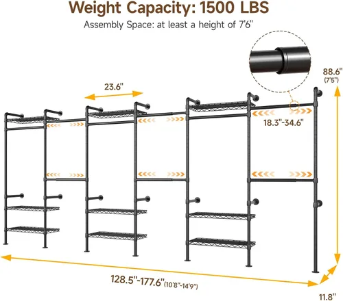 Vista 2 de H6 - Sistema de armario para montaje en pared, perchero industrial con 6 varillas telescópicas, 3 varillas de fijación y 9 estantes, organizadores