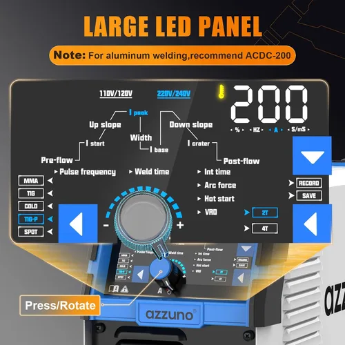 Vista 4 de AZZUNO Soldador TIG de 200 A con pulso frío, 5 en 1 DC HF TIG/TIG de pulso/TIG frío/TIG puntual/STICK, 110V y 220V de doble voltaje, soldador TIG