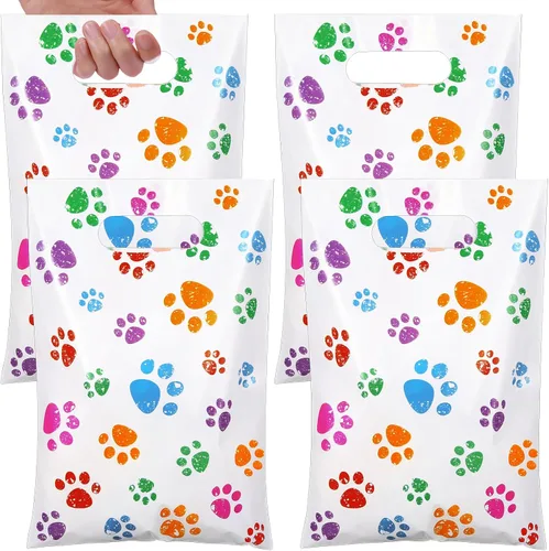 Vista 24 de Pasimy 100 bolsas de regalo de pata de perro a granel, diseño de pata de mascota, bolsas de plástico con asa para decoración de fiesta de cumpleaños