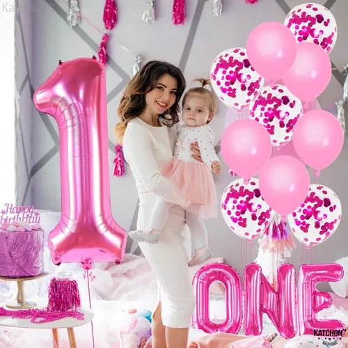 Vista 6 de KatchOn, Globos rosa intenso con el número 1 para el primer cumpleaños, 40 pulgadas, paquete de 12, globos rosa con el número 1, decoraciones
