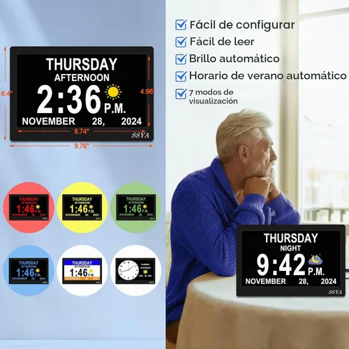 Vista 3 de SSYA Reloj de demencia para personas mayores, reloj digital con fecha y día de la semana, DST automático, reloj despertador con calendario grande