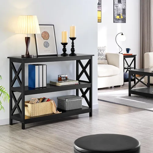 Vista 2 de Yaheetech - Mesa consola con estantes de almacenamiento, mesa de entrada de 3 niveles, mesa lateral para sofá, estrecha y larga, estantería