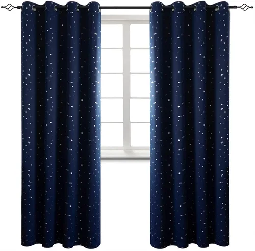 Vista 101 de BGment Cortinas opacas para dormitorio infantil, con aislamiento térmico, con ojales, estampado de estrellas plateadas, cortinas para oscurecer