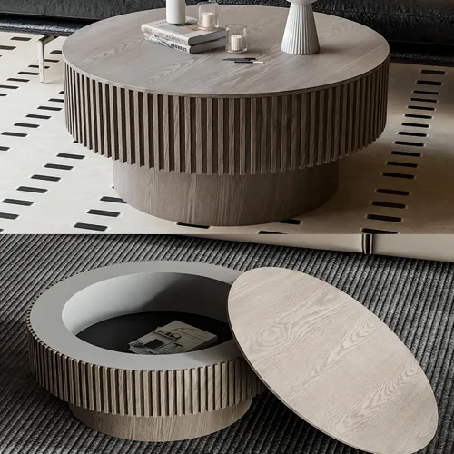 Vista 30 de Mesa de centro redonda de madera de 31.49 pulgadas con almacenamiento, mesa de centro circular acanalada de 2 niveles con tapa y estante para sala