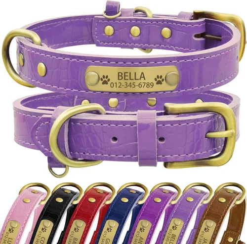 Vista 10 de Collar de perro de cuero genuino personalizado Senristar con placa de nombre grabada - Collar para perro duradero y elegante personalizado para Negro