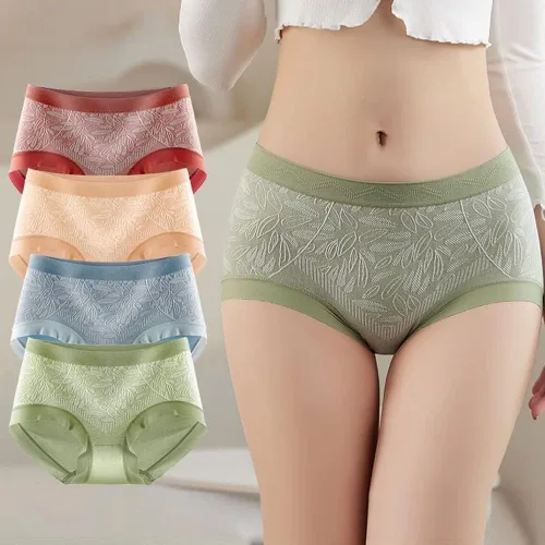 Vista 6 de HIQUAY Paquete de 4 bragas abdominales de cintura media para mujer, bragas de algodón transpirable en la entrepierna