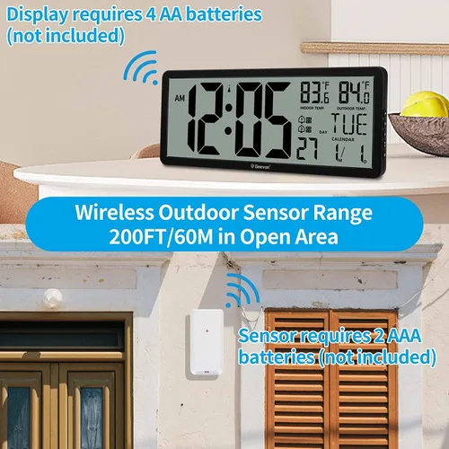 Vista 4 de Geevon Reloj atómico grande de 14.3 pulgadas con temperatura interior y exterior, reloj de pared digital que funciona con pilas, día y fecha