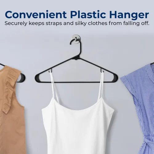 Vista 6 de SereneLife - Juego de 10 perchas de plástico con gancho de metal, color negro Non-Slip, Lightweight hangers with a slim profile help keep closets