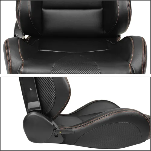 Vista 4 de IKON MOTORSPORTS, Asientos universales para vehículos de carrera con deslizadores dobles, negro con puntada naranja en PU y cuero de carbono
