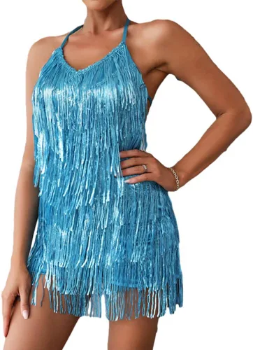 Vista 16 de Mono corto con borlas y flecos para mujer, sexy, sin espalda, para baile de cumpleaños, discoteca Rojo