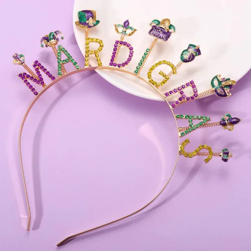 Vista 7 de Diadema de Mardi Gras para mujer, máscara de flor de lis, diadema de diamantes de imitación, diadema de martes gordos de carnaval, desfile