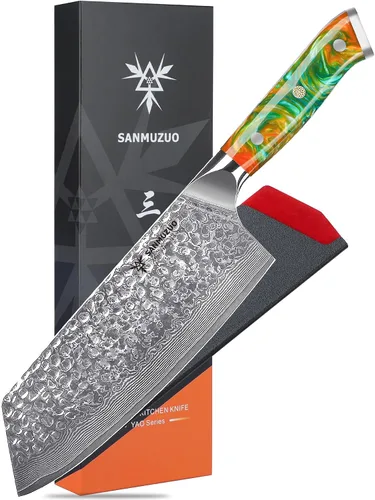 Vista 10 de Cuchillo Santoku de 7" - Cuchillo de chef japonés - Acero de Damasco martillado y mango de resina - Serie YAO
