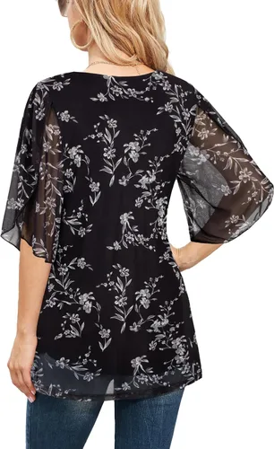 Vista 3 de Ninedaily Blusas de manga 34 para mujer, estilo casual, de doble capa, de malla, tipo túnica