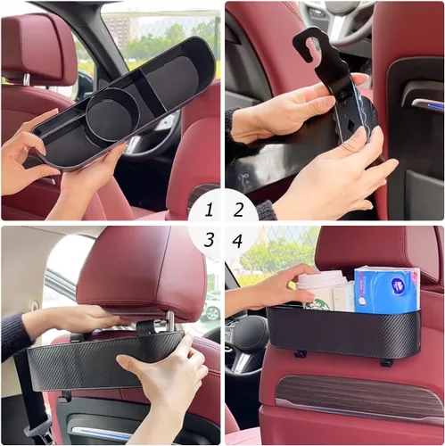 Vista 3 de BELOMI Organizador de reposacabezas del asiento trasero del automóvil con portavasos, caja de almacenamiento colgante del respaldo del asiento