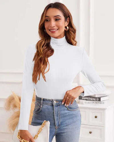 Vista 2 de Women Long Sleeve Mock Turtleneck Lightweight Ribbed Knit Shirts Underscrub Pullover Tops