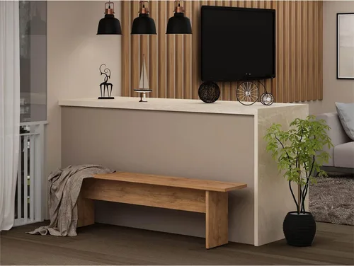 Vista 8 de Manhattan Comfort Nomad - Juego de comedor de 3 piezas para 6 personas con mesa de cocina moderna y 2 bancos, muebles de granja con acabado de grano