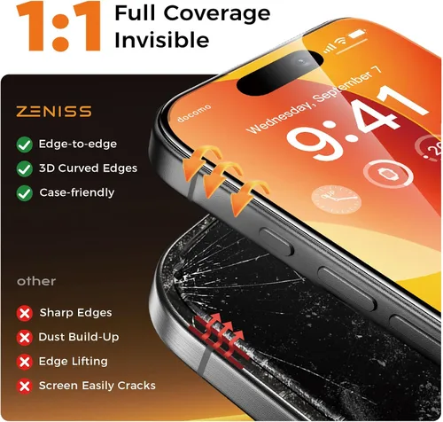 Vista 4 de Zeniss NeverBreak - Protector de pantalla de dureza 9H+ para iPhone 15, protección de grado militar de 12 pies