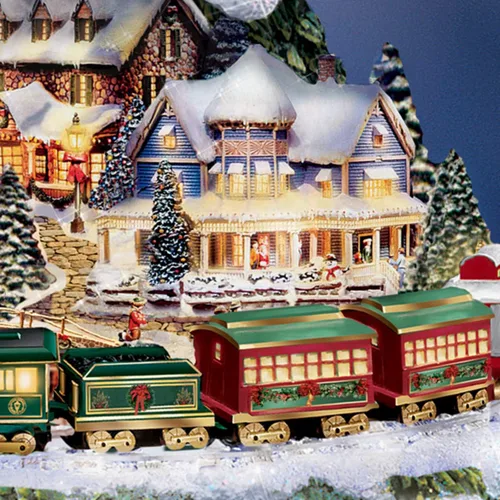 Vista 4 de Thomas Kinkade Hawthorne Village Centro de mesa de árbol de navidad, con tren expreso al país de las maravillas.