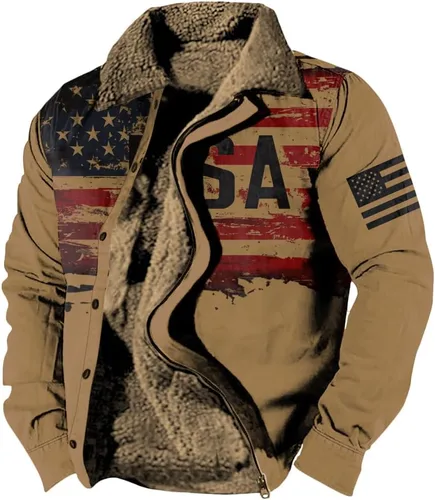Vista 3 de LOAIHA Chaqueta de invierno para hombre, chaqueta de bandera estadounidense, abrigos occidentales para hombre, con cremallera, forro polar cálido