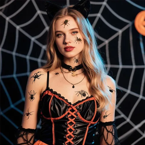 Vista 4 de Tatuajes temporales de Halloween, calcomanías de araña falsa para cara y cuerpo, 10 hojas de calcomanías de tatuaje para el día de los muertos