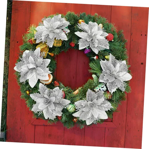 Vista 6 de TOYANDONA 12 flores de Pascua de Navidad, flores de Pascua artificiales con purpurina, decoración de corona para fiesta en el hogar, adornos