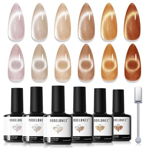 Vista 11 de modelones - Juego de 6 esmaltes en gel con efecto de ojo de gato cristalino, holográfico 9D, brillantina, negro, azul, morado, verde, con imán