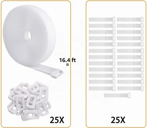 Vista 5 de Correas de cable ajustables de 16 pies con hebillas, longitud de corte libre, bridas de cable de sujeción reutilizables blancas, correa de seguridad