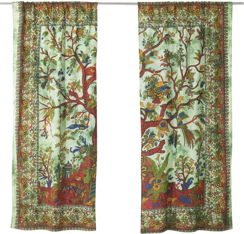 Vista 2 de Popular Handicrafts Paneles de cortina de mandala de teñido anudado con diseño de árbol de la vida, estilo hippie indio, color verde