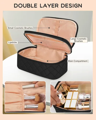 Vista 5 de Relavel Bolsa de maquillaje pequeña para mujer y niña, bolsa de maquillaje y brochas portátil de 2 capas, organizador de brochas de regalo de Navidad
