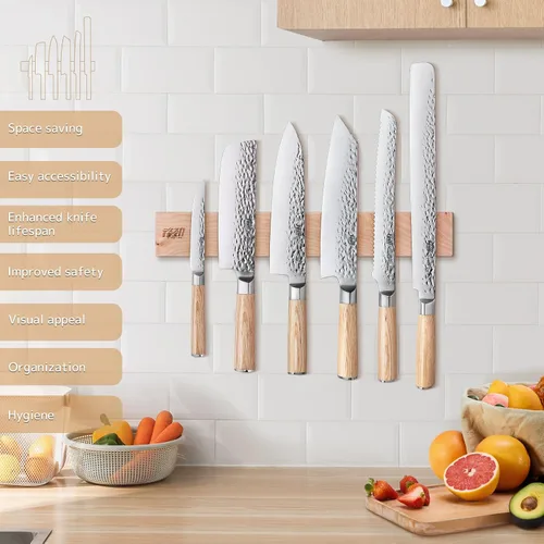 Vista 6 de FINDKING Juego de cuchillos de cocina de 7 piezas, con soporte magnético de madera, elegante juego de cuchillos de chef japoneses, hoja afilada
