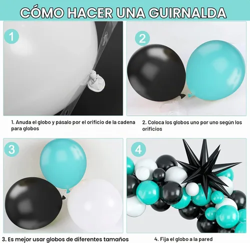 Vista 3 de Kit de arco de globos color verde azulado, globos blancos y negros, lámina de estrella plateada, perfecto para cumpleaños, bodas, baby shower