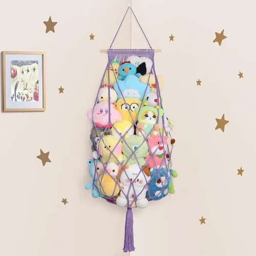 Vista 11 de Almacenamiento de Animales de Peluche de 68 Pulgadas, Hamaca Jumbo de Macramé para Animales de Peluche en Esquina, Hamaca Colgante de Pared y Techo