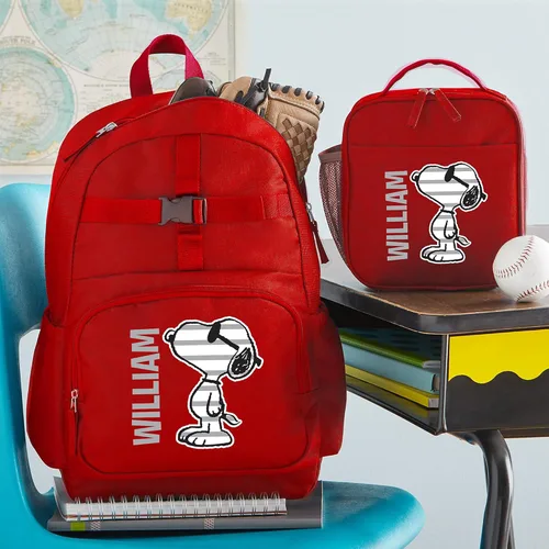Vista 2 de Let's Make Memories Mochila personalizada con lonchera (opcional) - Peanuts Snoopy Too Cool - Rojo