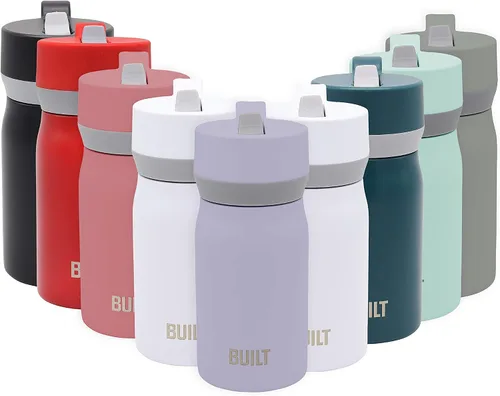Vista 6 de BUILT Cascade - Botella de agua de doble pared aislada al vacío de acero inoxidable con boca ancha con agarre cómodo, tapa de popote y asa