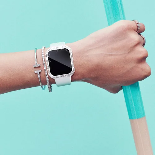 Vista 8 de NewWays Paquete de 2 fundas brillantes con diamantes completos para Apple Watch 40mm para mujeres, protector de diamantes completamente pavimentado