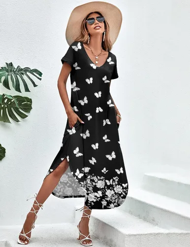 Vista 3 de Ekouaer - Camisones para mujer, diseño suave, largo, con cuello en V y manga corta, ropa de dormir con bolsillos y aberturas laterales, tallas