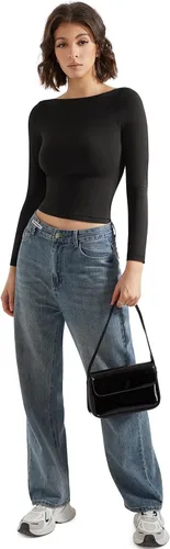 Vista 5 de SUUKSESS Camiseta de mujer con cuello redondo, manga larga, doblemente forrada, ajustada y corta Negro