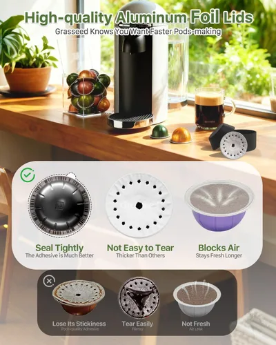 Vista 6 de Grasseed Kit de cápsulas reutilizables VertuoLine para cápsulas Nespresso con 50 tapas de sellos de papel de aluminio, cápsulas de café recargables