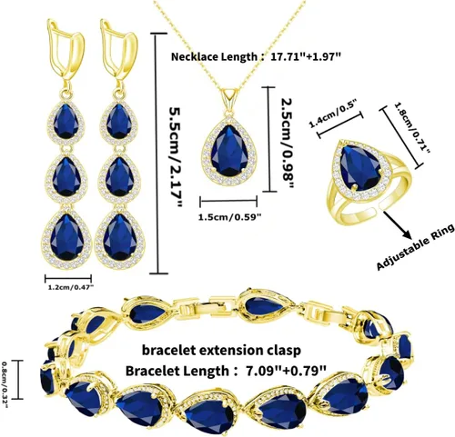 Vista 6 de LMXXVJ Juego de collar y aretes largos, chapados en oro blanco, juego de joyas de zafiro azul creado, joyería de regalo para boda, fiesta, joyería