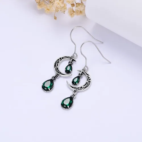 Vista 4 de VONALA Aretes de luna para mujer, plata de ley 925, aretes colgantes de luna celta, esmeralda, amatista, rubí, zafiro, rosa, peridoto, aguamarina