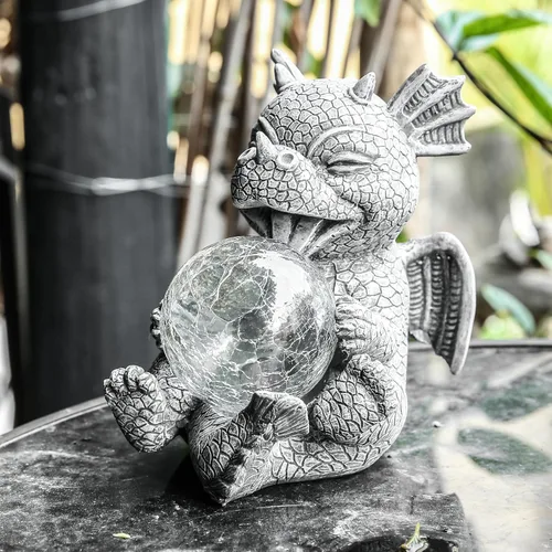 Vista 6 de Estatua de Dragón de Jardín con Energía Solar Figura Luminosa para Exteriores Decoración Linda que Sostiene Bola de Cristal Brillante Escultura