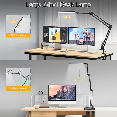 Vista 3 de NOEVSBIG Lámpara de escritorio LED con abrazadera, lámpara de escritorio de 2 en 1 con base, lámpara de escritorio de arquitecto con brazo oscilante