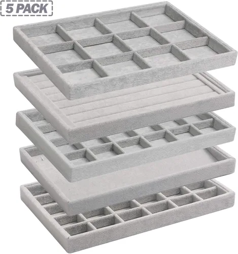 Vista 7 de DIOMMELL Paquete de 5 bandejas apilables de terciopelo para joyas caja de almacenamiento de joyería soporte de vitrina organizador de cajones