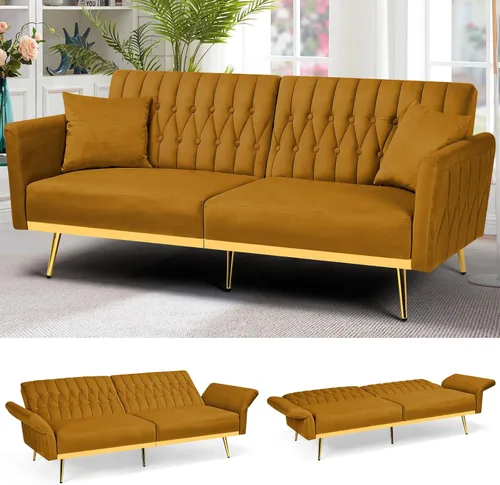 Vista 21 de Sofá cama futón de terciopelo de 70 pulgadas con reposabrazos ajustables, color azul bebé