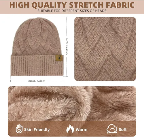 Vista 2 de Gorro de punto de invierno para mujer con guantes para pantalla táctil, gorro de pompón, bufandas para el cuello para hombres
