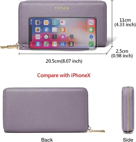 Vista 2 de FOXLOVER Carteras de cuero genuino para mujer, carteras de embrague con cremallera RFID con pulsera