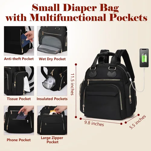 Vista 4 de Mochila para pañales de viaje con cambiador, 13 bolsillos, bolsillos aislados, puerto de carga USB, artículos esenciales para baby shower