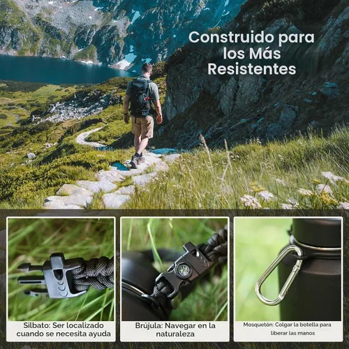 Vista 5 de RAYMYLO Botella de agua aislada con mango Paracord negro (Magic Black)
