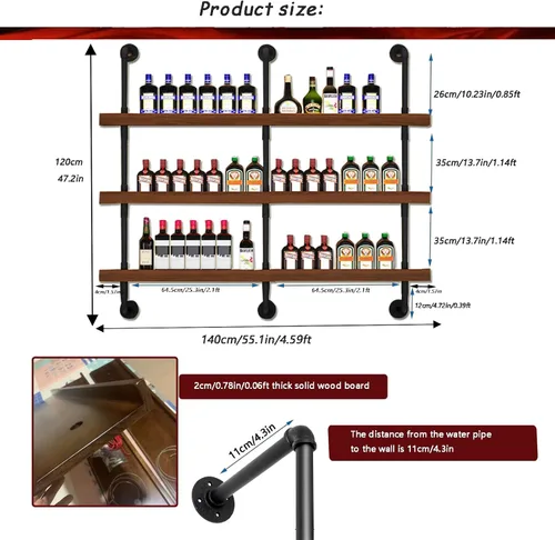 Vista 2 de Estante de vino montado en la pared de 55.1 pulgadas con luz LED